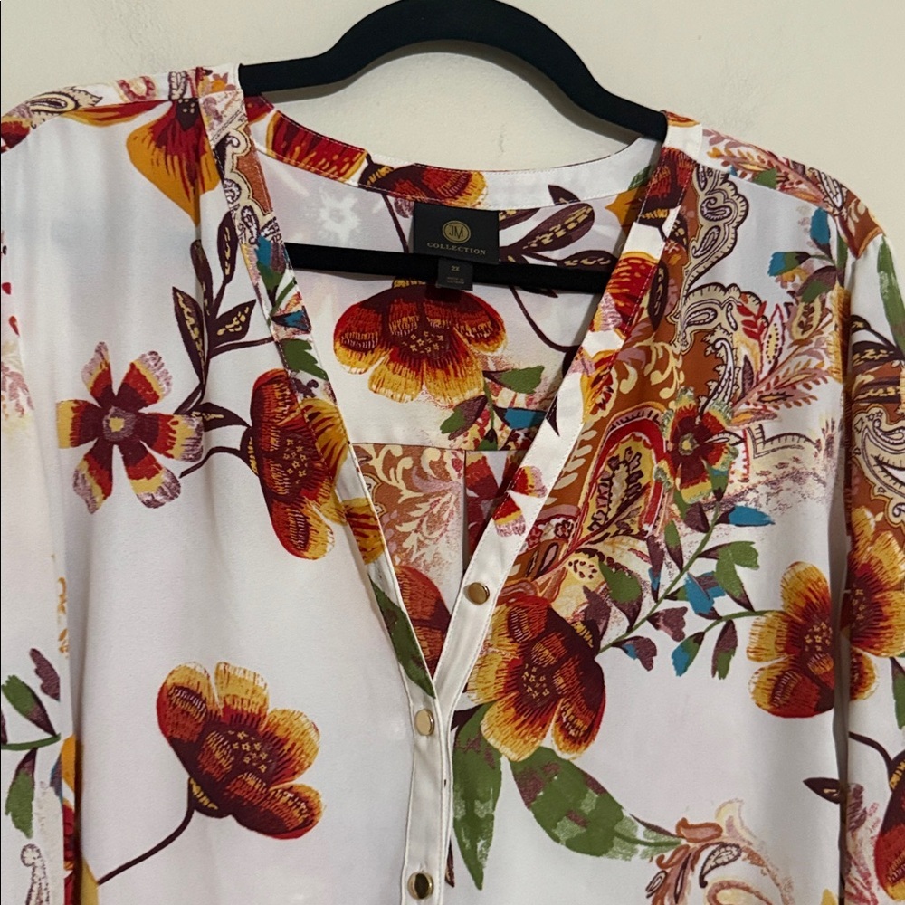JM Collection White Orange Floral Blouse women 2X casual office boho festival - Picture 4 of 8